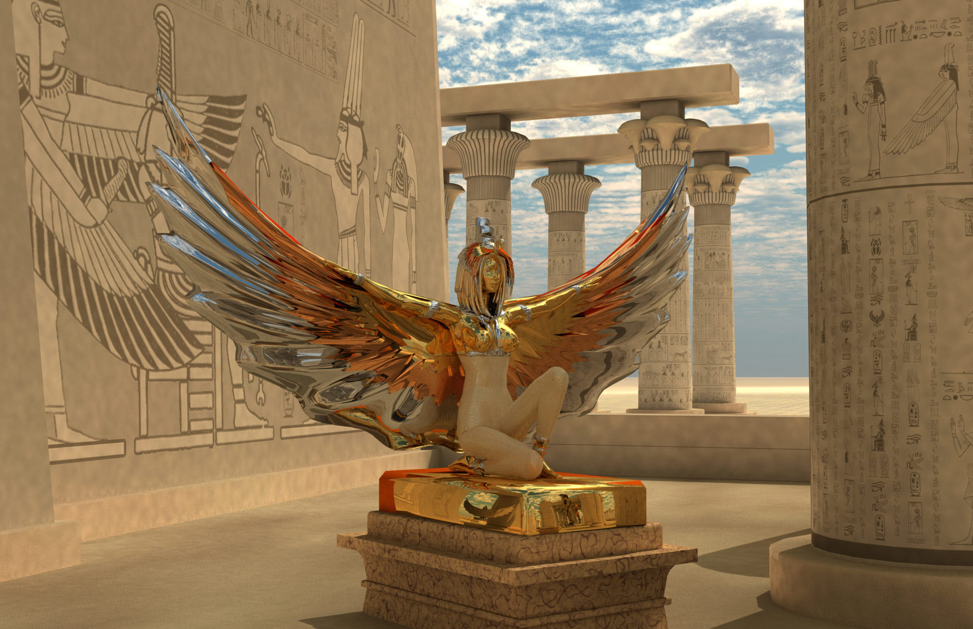 An Isis statue in the Temple of Isis which is part of the religion of ancient Egyptian civilization.