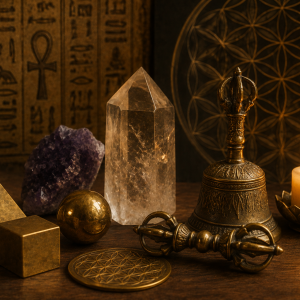 Sacred Geometry Level 3 Egyptian Aura Healing tools including crystals, vajra, bell, sacred geometry shapes, and candle at The Center at Keystone in Wyomissing, PA