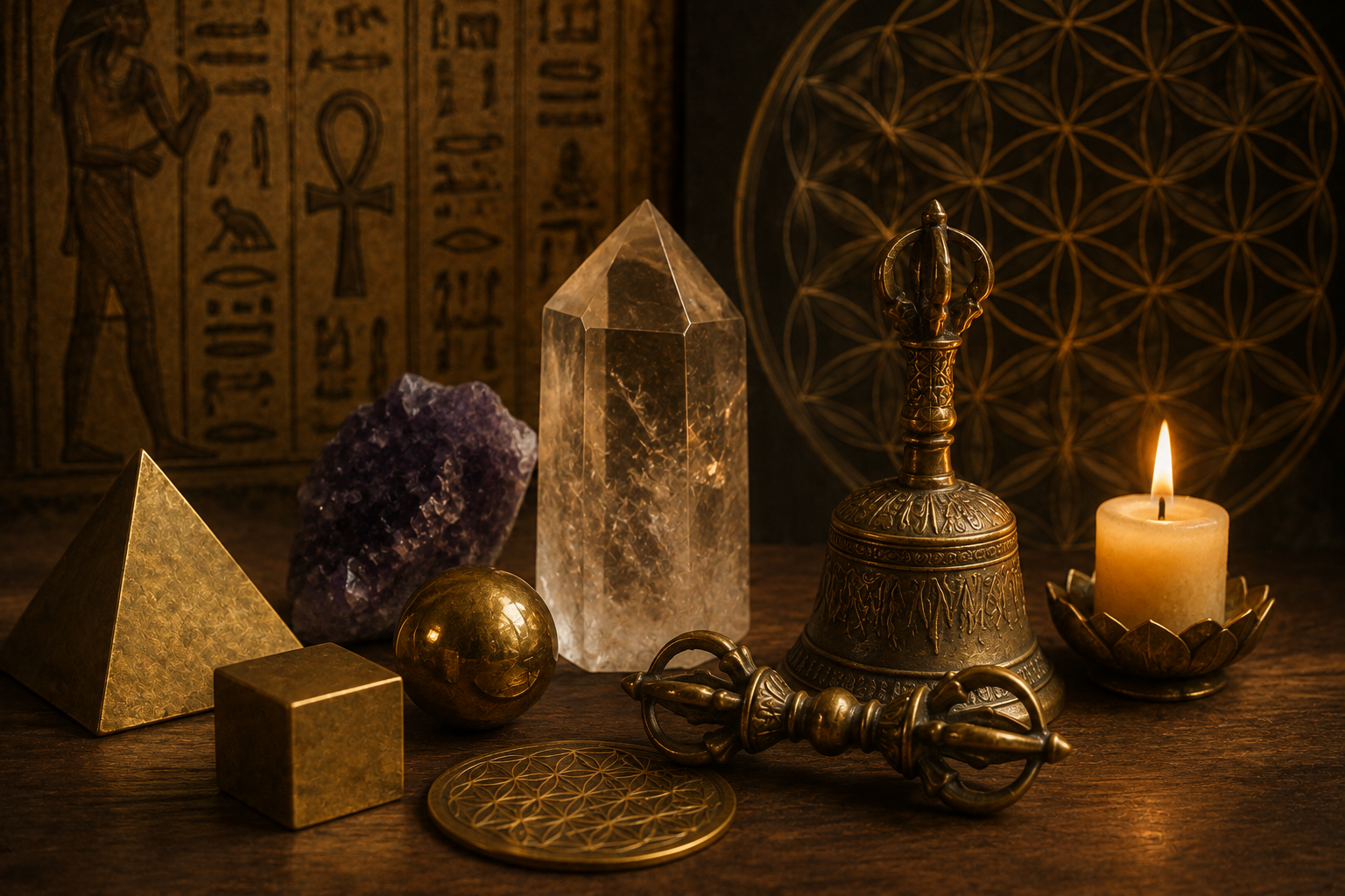 Sacred Geometry Level 3 Egyptian Aura Healing tools including crystals, vajra, bell, sacred geometry shapes, and candle at The Center at Keystone in Wyomissing, PA