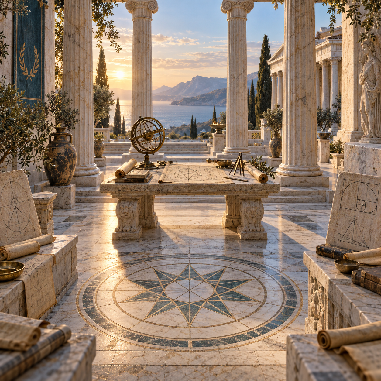 Ancient Greek temple school with sacred geometry, scrolls, and instruments of knowledge