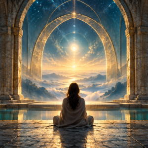 Person meditating in a luminous stone sanctuary, facing a star-lit geometric opening for Journeys of the Spirit